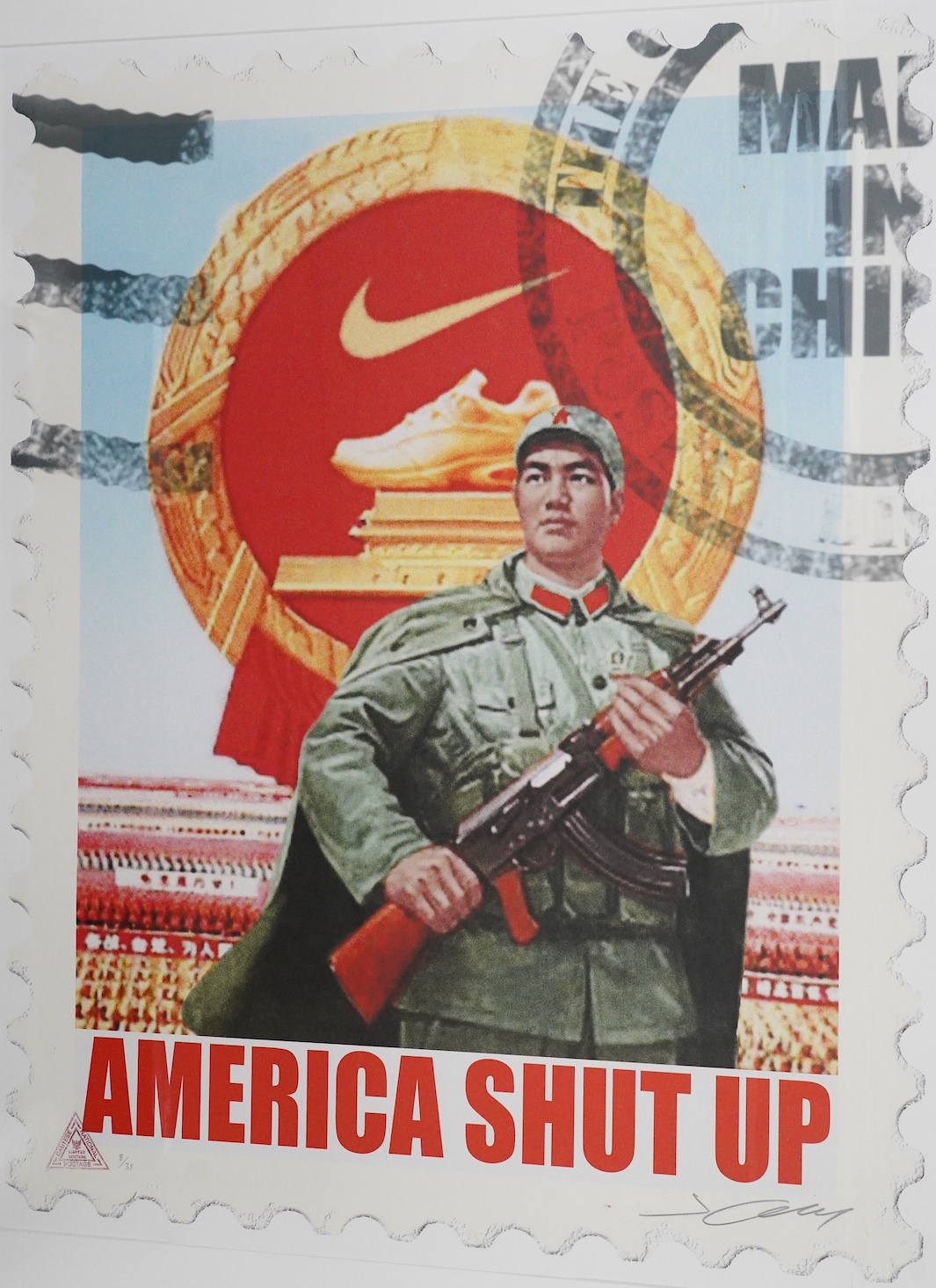 James Cauty (b.1956), print, 'America Shut Up', signed, 59 x 75cm